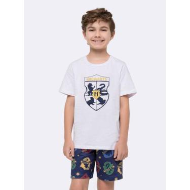 Imagem de Pijama Manga Curta Hogwarts Masculino Infantil com Estampa Metalizada 