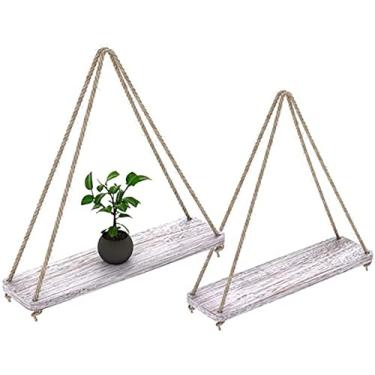 Imagem de Comfify Prateleiras suspensas para parede – Conjunto de 2 – Prateleiras boêmias de fazenda rústica com cordão – 43 cm x 13 cm – Madeira real grossa envelhecida e com aparência de queimada – Branco