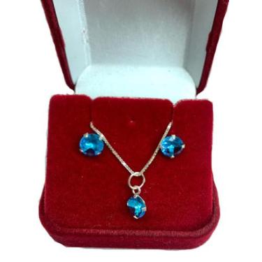 Imagem de Conjunto Colar e Brinco Prata 925 Ponto de Luz Azul Celeste - GOL MIX