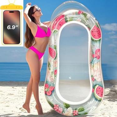 Imagem de Espreguiçadeira inflável para piscina com malha, rede de natação para adultos, design transparente de melancia/morangos, encosto de cabeça embutido, capa de telefone impermeável para presente