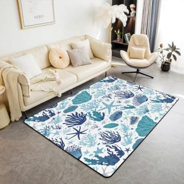 Imagem de Feelyou Tapete de área de concha do mar para crianças, meninos, meninas, praia, litoral, conjunto de tapetes decorativos de 3 x 5 estrela-do-mar, coralino, sala de estar, decoração de quarto, verde
