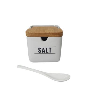 Imagem de Porta Saleiro Branco De Porcelana E Tampa De Madeira Bambu Com Colher