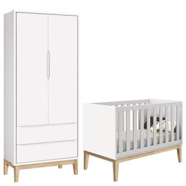 Imagem de Berço Americano e Guarda Roupa Classic 2 Portas Branco com Pés Madeira