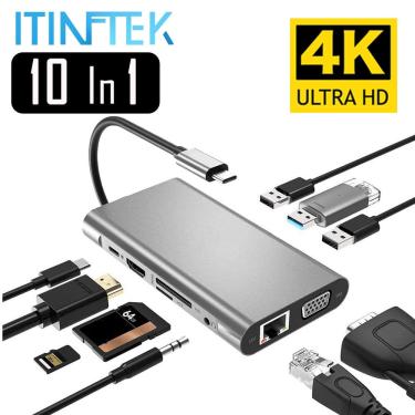 Imagem de Hub com USB 3.0 Tipo C hdmi 4K vga RJ45 Lan Ethernet sd tf