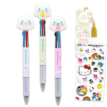 Imagem de SANRIO Conjunto de canetas Cinnamoroll – Pacote com 3 canetas esferográficas e 3 cores, mais adesivos Hello Kitty e mais | Pacote de materiais de escritório Cinnamoroll