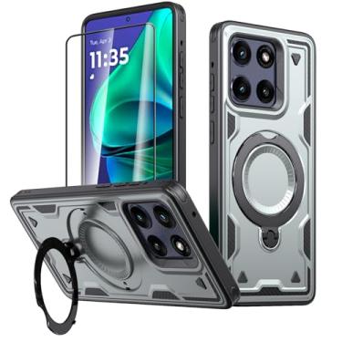 Imagem de Capa para Motorola Moto G Stylus 5G (2025) com protetor de tela, [compatível com MagSafe] [grau militar] suporte de anel macio TPU PC à prova de choque proteção robusta para celular cinza