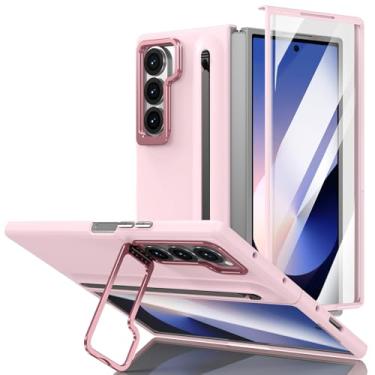 Imagem de POYUFRG Capa para Samsung Galaxy Z Fold 6, capa de telefone fosca de proteção completa com suporte para S-Pen e capa de suporte de lente de metal, rosa, Z Fold 6