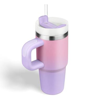 Imagem de BAISHIDA Copo de 400 ml com alça e canudo, copo infantil de 400 ml com tampa e canudo para crianças, copos de aço inoxidável, presente de viagem para esportes ao ar livre, escola, mantém as bebidas