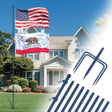 Imagem de ZMTECH Mastro de bandeira resistente de 3,5 m com base de 5 pontas no chão para quintal, aço inoxidável giratório sem embaraço, mastros de bandeira à prova de vento para 2 bandeiras, 1 pacote, azul