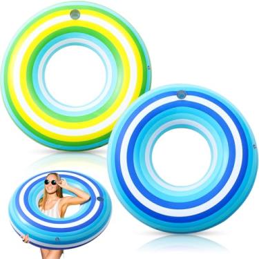 Imagem de ShinyRelief 2 peças boias de piscina jumbo de 127 cm, infláveis, listras verdes e azuis, anéis de piscina listrados, para adultos, natação, verão, praia, festa, suprimentos