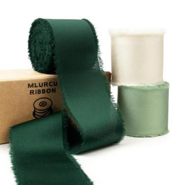 Imagem de Fita de cetim de seda verde e branca 3,8 cm x 55 m sálvia e verde escuro, marfim, fita de tecido desfiado de chiffon sedoso feita à mão para buquê de flores, embrulho de presente, casamento, chá de