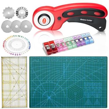 Imagem de Conjunto de cortadores rotativos – cortador de tecido de 45 mm, 5 cortadores rotativos extras, tapete de corte autocura A3, conjunto de régua e clipes de costura, ideal para artesanato, costura