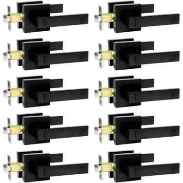 Imagem de Puxadores de porta de quarto/banheiro alavancas placa quadrada interior privacidade fechaduras de porta, preto fosco (pacote com 10)