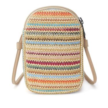 Imagem de BBORGDC Bolsa transversal para mulheres e meninas – Bolsa de ombro pequena de tecido de palha com alça ajustável | Carteira para celular com compartimento duplo | Design original para viagens, praia e