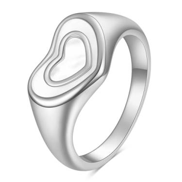 Imagem de MYNENEY Anéis de aço inoxidável com sinete de coração, alianças de noivado para mulheres, anéis de compromisso para ela, tamanho 6-12, 10, Aço inoxidável, Sem pedra preciosa