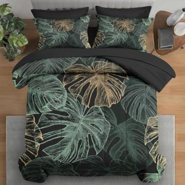Imagem de Pamnest Jogo de edredom King, verde dourado tropical, 7 peças, folhas monstera e folha de palmeira, 2 fronhas e 2 fronhas para decoração de quarto