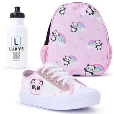 Imagem de Kit Tênis Infantil Feminino Panda Casual + Mochila Garrafinha - LUKYS 