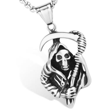 Imagem de LuxGoth Colar gótico de aço inoxidável com foice da morte, joia vintage com pingente de caveira ceifadora para homens e mulheres GTS-N1L110101, One Size, Aço inoxidável, Sem Pedra Preciosa