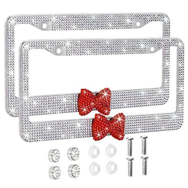 Imagem de OTOSTAR Pacote com 2 molduras de placa de licença brilhantes com laço de fita, strass brilhante feito à mão de aço inoxidável premium, suporte de placa de licença com 2 furos com conjunto de tampas de parafusos antirroubo (gravata borboleta branca/vermelha)