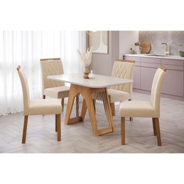 Imagem de Conjunto: Mesa de Cozinha Carol Tampo Madeirado c/ Vidro 130x80cm e 4 Cadeiras Juliana Nature-Madeirado/Off White-Suede Nude Bege - Cimol