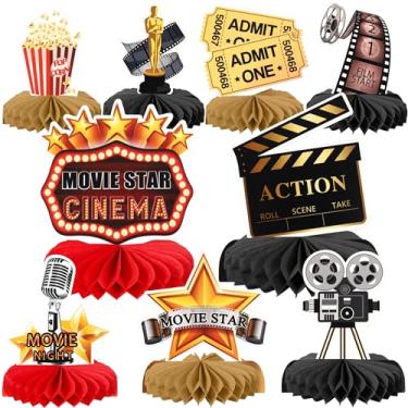 Imagem de Rsstarxi Pacote com 9 decorações de festa noturna de cinema centro de mesa de centro de colmeia microfone 3D bilhete estrela vídeo enfeites de mesa para meninos meninas teatro artigos de festa de