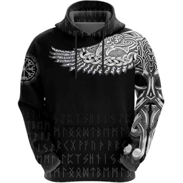Imagem de Camiseta Masculina Viking Com Capuz Vikings Odin Crow Tattoo, Casual Moletom De Casal Solto Pulôver De Manga Longa, Moda Outono Uniforme De Beisebol Bolso Canguru, Hoodie, XXL