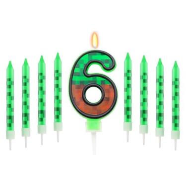 Imagem de Vela de aniversário de 6 anos com tema Pixels, topo de bolo Pixels para meninos e meninas, conjunto de 9 velas com tema de desenho animado de jogo, suprimentos para festa de aniversário (número 6)