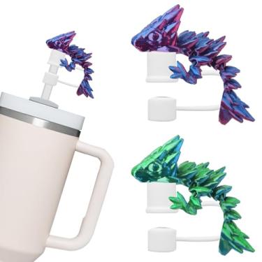 Imagem de ALIBBON 2 peças de capa de canudo de silicone para Stanley Cup impresso em 3D verde roxo dragão canudo topper para Stanley Cup tampas de canudos à prova de poeira reutilizáveis compatíveis com