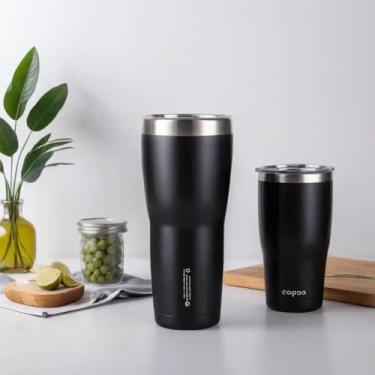 Imagem de Copo Térmico Parede Dupla em Aço Inox Preta 500ml com Alça Ergonômica - Estilo Casual