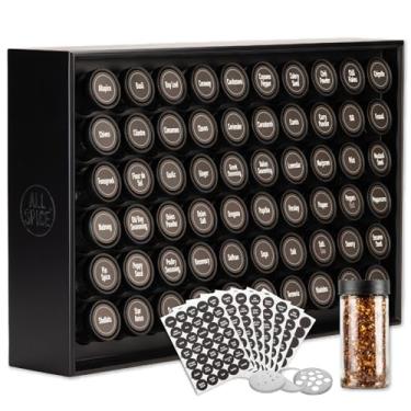Imagem de AllSpice Organizador de temperos, madeira, 525 etiquetas exclusivas, suporte de bancada ou parede, inclui 60 frascos de 118 ml - preto fosco