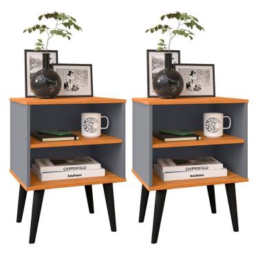 Imagem de Kit 2 Mesinhas Apoio Lateral Cama Nicho Prateleira Pés Palito Jogo Mesa de Cabeceira Decoração Quarto Completo - Cinza/Cinamomo - RPM Móveis