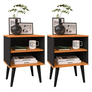 Imagem de Kit 2 Mesinhas Apoio Lateral Cama Nicho Prateleira Pés Palito Jogo Mesa de Cabeceira Decoração Quarto Completo - Preto/Cinamomo - RPM Móveis
