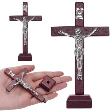 Imagem de YionZian 3 peças crucifixo de madeira de 4,2 polegadas em pé com base pequenas cruzes de madeira enfeite de mesa presentes católicos para Páscoa, primeira comunhão, igreja, casa, decoração de altar