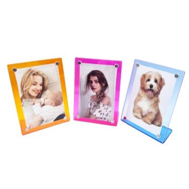 Imagem de BSTIONYI Molduras magnéticas de acrílico de 3 peças, moldura magnética de mesa de 5 x 7,6 cm, tamanho mini, Polaroid colorida, para decoração de mesa de escritório em casa (pacote com 3)