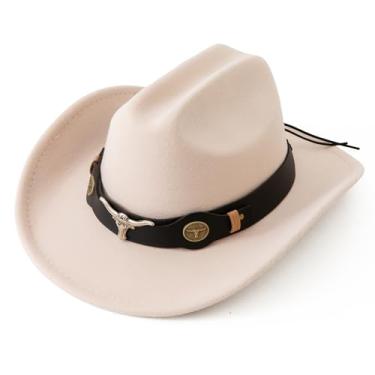 Imagem de JOYEBUY Chapéus Fedora de feltro para meninos e meninas com aba larga para meninos e meninas com fivela de couro, Bege, 5-10 Years