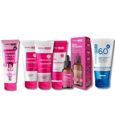 Imagem de Kit Skincare Rosa Mosqueta - Sabonete + Esfoliante+Gel Hidratante Facial 3 em 1 + Sérum Rosa Clareador + Gel Peel Off Efeito Diamante Mascara Facial + Protetor Solar Facial S/COR FPS60