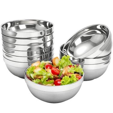 Imagem de yarlung Pacote com 10 tigelas de aço inoxidável, tigelas de lanche de 15 cm, tigelas de sopa de 740 ml, tigelas de salada leves, pratos de metal de parede dupla para molhos, macarrão, sorvete