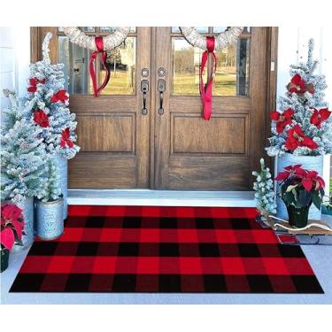 Imagem de Tapetes de Natal para varanda da frente 61 x 139 cm vermelho preto xadrez tapete externo tecido à mão lavável na máquina interior/exterior tapetes de porta em camadas para entrada/quarto/exterior
