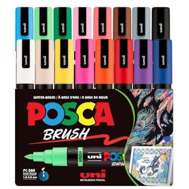 Imagem de POSCA Marcadores de tinta à base de água PC-5BR, ponta de pincel reversível (1,0-4,0 mm), cores sortidas, pacote com 16