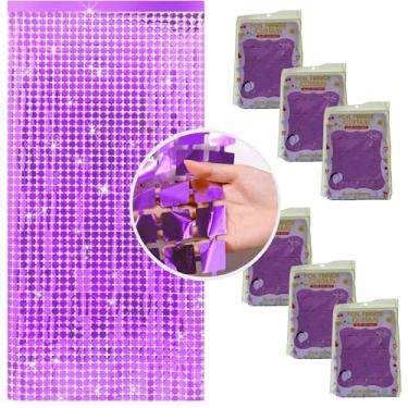 Imagem de Kit 6 Pçs Cortina Shimmer Metalizada Quadradinha 1x2m Painel Decorativo Para Festa Aniversários (Roxo)