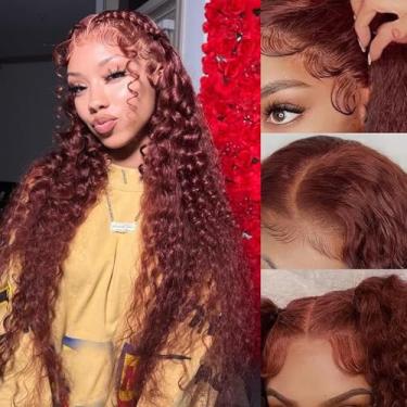 Imagem de Perucas de cabelo humano marrom avermelhado com 180% de densidade de onda de água 13 x 15 HD perucas frontais de renda ruiva, molhadas e onduladas, perucas femininas sem cola, pré-arrancadas com