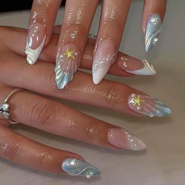 Imagem de RUOKEXIN Unhas postiças de amêndoa, pregos falsos médios, azul, branco, ponta francesa, com design de estrela 3D, ombré, branco, prensa de unhas, bastão brilhante para mulheres, 24 peças