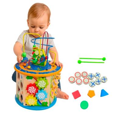 Imagem de Centro de Atividades Educativo Infantil em Madeira 8 em 1 Brinquedo Interativo com Xilofone, Ábaco, Formas Geométricas
