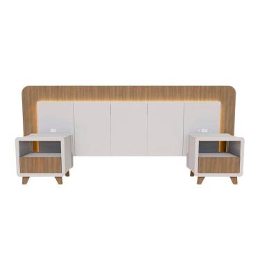 Imagem de Cabeceira Casal Queen com 2 Mesas de Cabeceira Led 3000k e Tomadas 100% Mdf Mabel Branco/ Louro Freijó Grann
