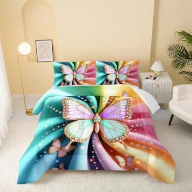 Imagem de QOOMO Jogo de cama solteiro com estampa de animal de borboleta colorida, para decoração de quarto de meninos, meninas e adolescentes, macio e leve para todas as estações, 1 edredom e 2 fronhas