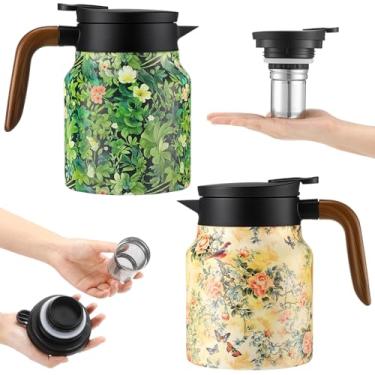 Imagem de LemonRoad 2 bule de chá vintage com estampa floral, bule de chá vintage com infusor, bule de chá de padrão floral com tampa, garrafa térmica de cabo de madeira para bebidas quentes e café