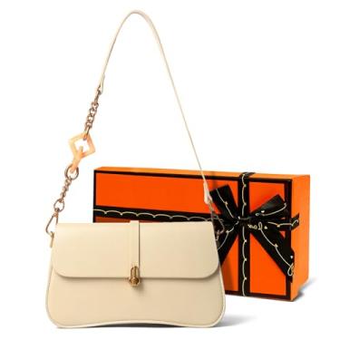 Imagem de Bolsa de ombro de couro bovino dividida - ferragens douradas vintage, caixa de presente de luxo incluída, textura vegana de grão fino, Damasco, Small, Simples