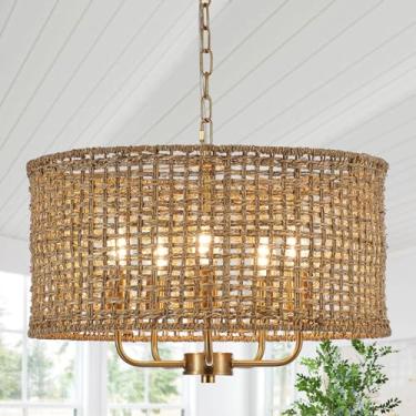 Imagem de YOMECOO Lustre de vime feito à mão vintage fazenda boho bambu dourado luminária retrô 5 luzes tambor vime lustres dourados para sala de jantar, ilha de cozinha, sala de estar