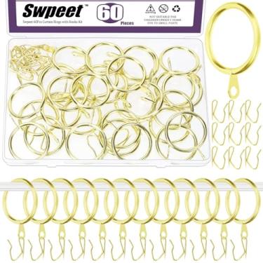 Imagem de Swpeet 60 peças de anel de cortina de metal dourado de diâmetro interno de 32 mm/1,3" com ganchos de cortina, kit sortido, anel de ilhó deslizante drapeado, ganchos de cortina de metal, para cortina
