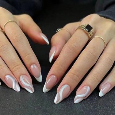 Imagem de FUDEECON Unhas de pressão para dia dos namorados, manicure rosa francesa com desenhos de linha branca, unha falsa em forma de amêndoa em tamanho médio, inclui 24 unhas, 1 folha de adesivo de cola de